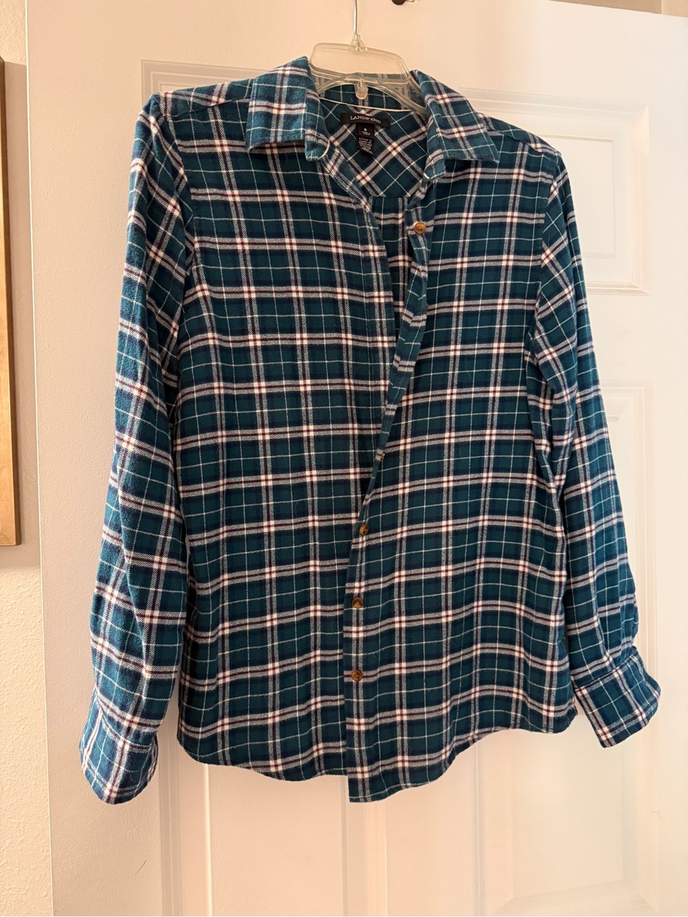 Lands' End Teal and White Plaid Button-Down Shirt